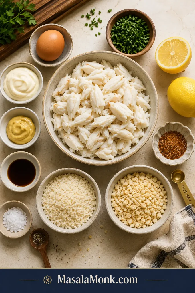 Overhead crab cake ingredient board with lump crab, egg, mayonnaise, lemon, Old Bay, panko, and saltines.