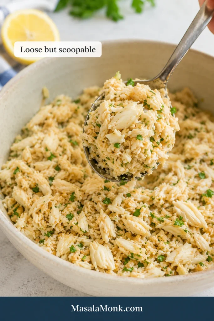 Crab cake mixture in a bowl being lifted with a spoon, showing a moist, scoopable texture with crab pieces.