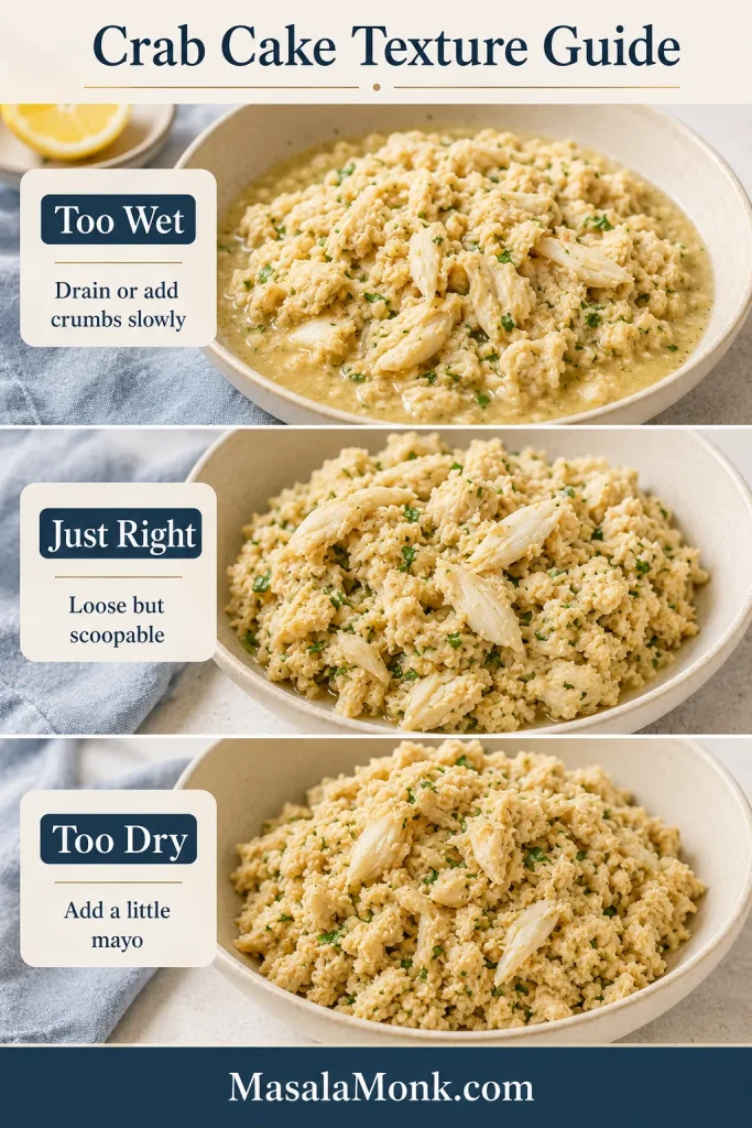 Three-panel crab cake texture guide showing too wet, just right, and too dry mixture stages.