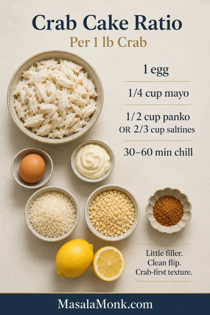 Crab cake ratio infographic showing the ingredient formula per pound of crab.