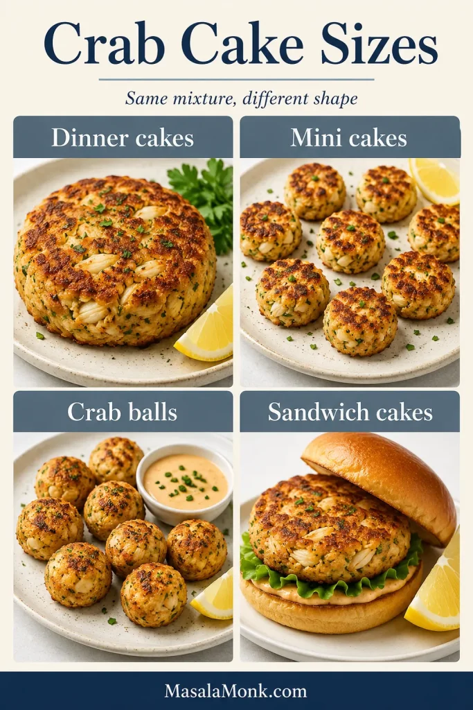 Crab cake size guide showing dinner cakes, mini cakes, crab balls, and sandwich cakes.