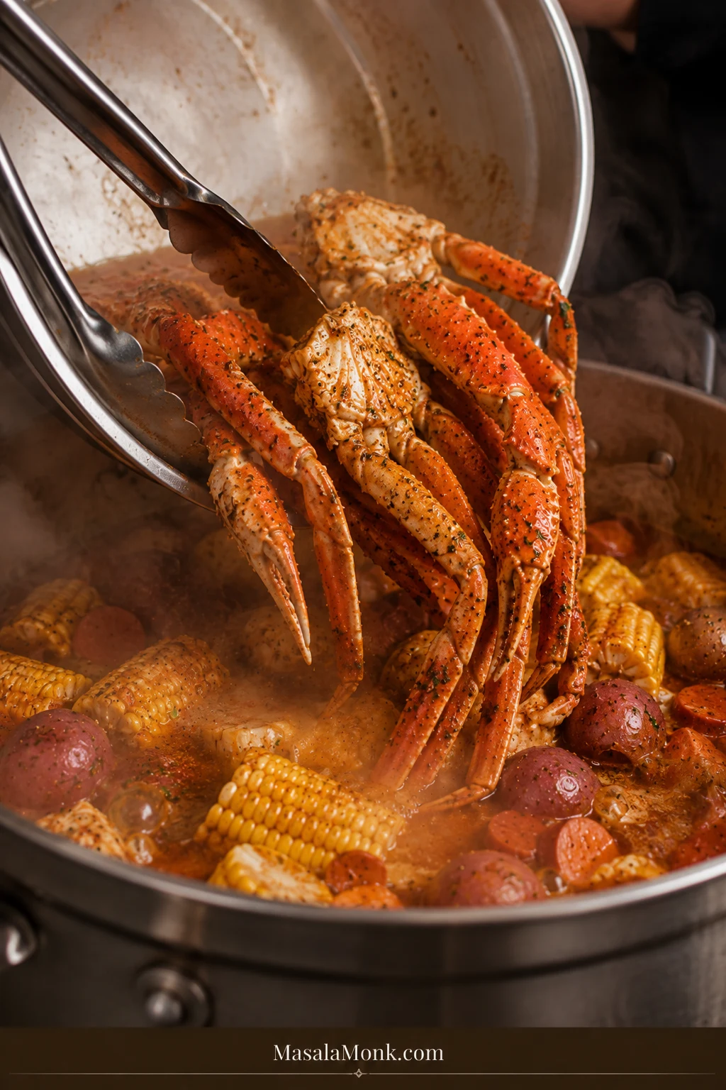 Crab legs being added to a steaming seafood boil pot with corn, potatoes, and sausage visible.