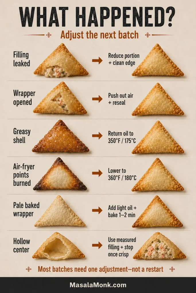 Six-row crab rangoon troubleshooting guide comparing leaked filling, an opened seam, a greasy fried shell, air-fryer points burned, a pale baked wrapper and a hollow center with corrected results.
