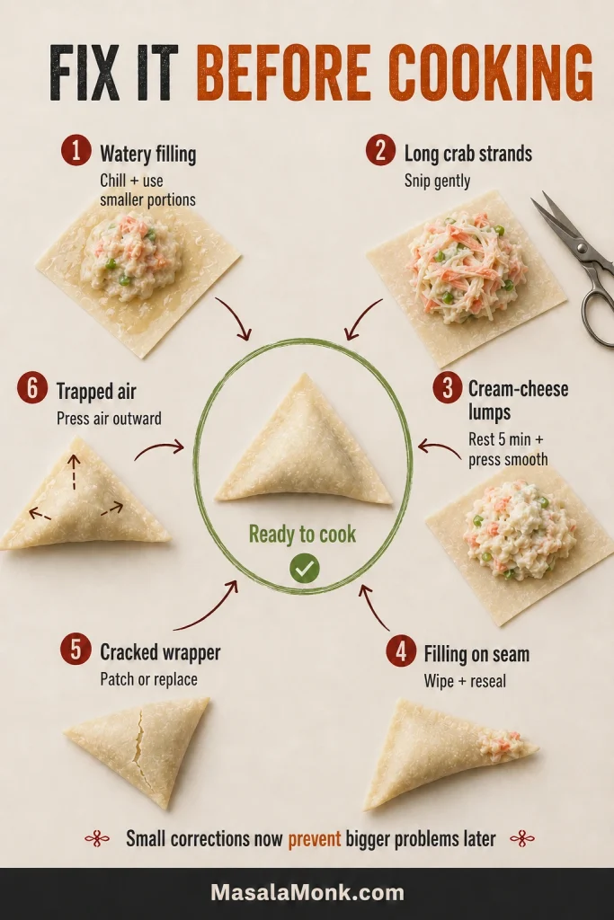 Pre-cooking crab rangoon troubleshooting guide showing watery filling, long crab strands, cream cheese lumps, filling on a seam, a cracked wrapper and trapped air around a correctly folded piece labelled ready to cook.