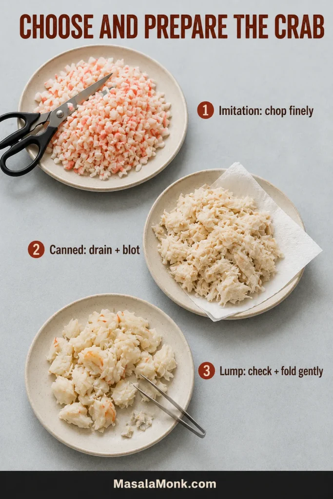Three plates showing finely chopped imitation crab, drained canned crab resting on paper towel and larger lump crab flakes being checked for shell fragments.