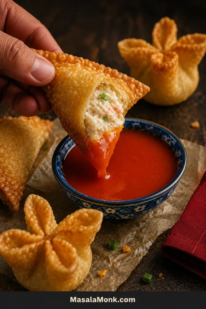 A hand dipping one corner of a broken-open crab rangoon into smooth red-orange sweet-and-sour sauce while the creamy center remains visible.