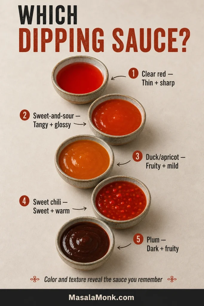 Five ceramic bowls containing clear red sauce, red-orange sweet-and-sour sauce, orange duck sauce, flecked sweet chili sauce and dark plum sauce.