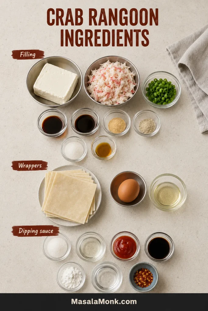 Overhead arrangement of cream cheese, crab, scallions, seasonings, wonton wrappers, egg, cooking oil and ingredients for homemade sweet-and-sour sauce.