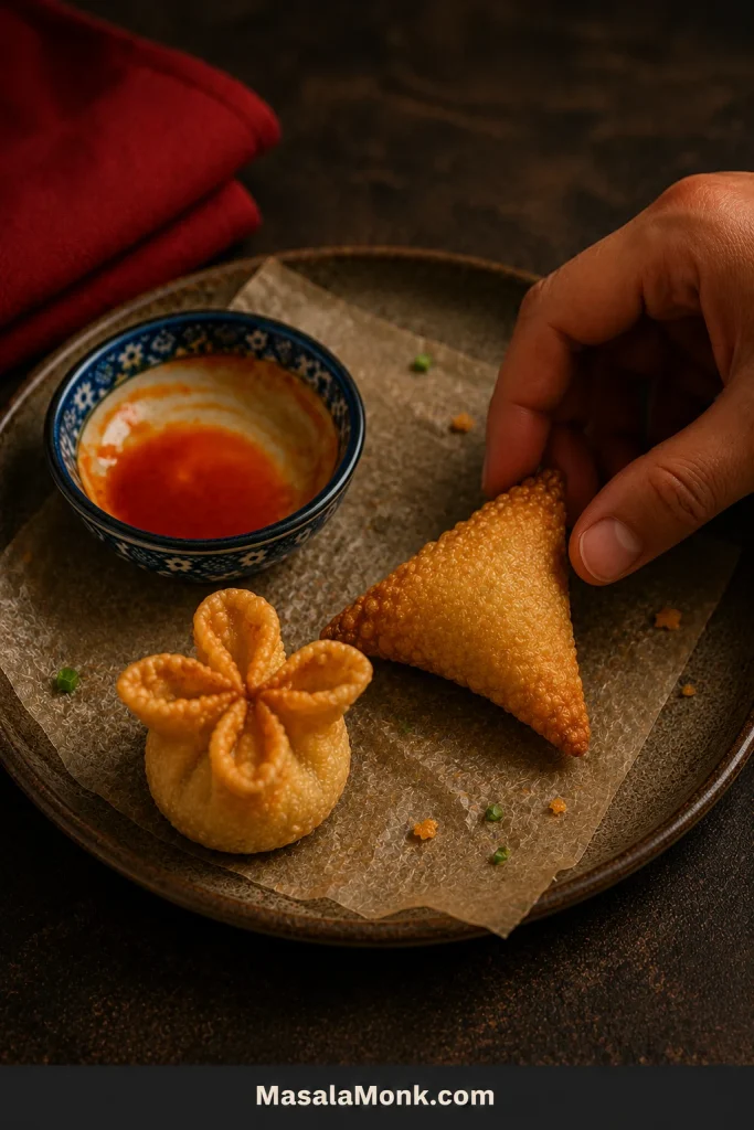 Almost-empty platter holding one triangle crab rangoon and one purse-shaped rangoon beside crumbs and sauce streaks, with a hand reaching for a final piece.