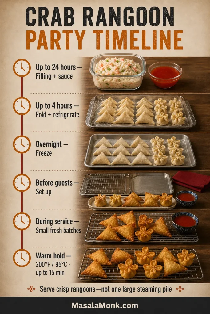 Party timeline showing filling and sauce prepared up to 24 hours ahead, folding up to four hours ahead, freezing, setup, fresh-batch cooking and a short warm hold.