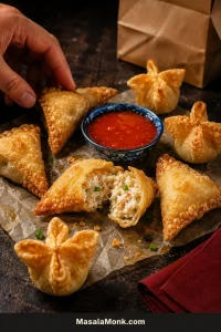 Golden triangle and purse-shaped crab rangoons arranged around red-orange sweet-and-sour sauce, with one broken open to reveal the creamy crab filling.
