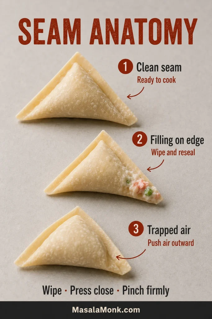 Close comparison of a properly sealed wrapper edge, filling caught along the sealing border and an air pocket trapped beside the filling.
