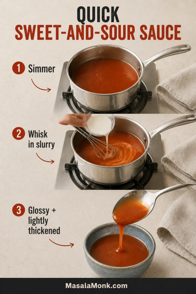Three-stage guide showing red-orange sauce simmering, cornstarch slurry being whisked in and the finished glossy sauce lightly coating a spoon.
