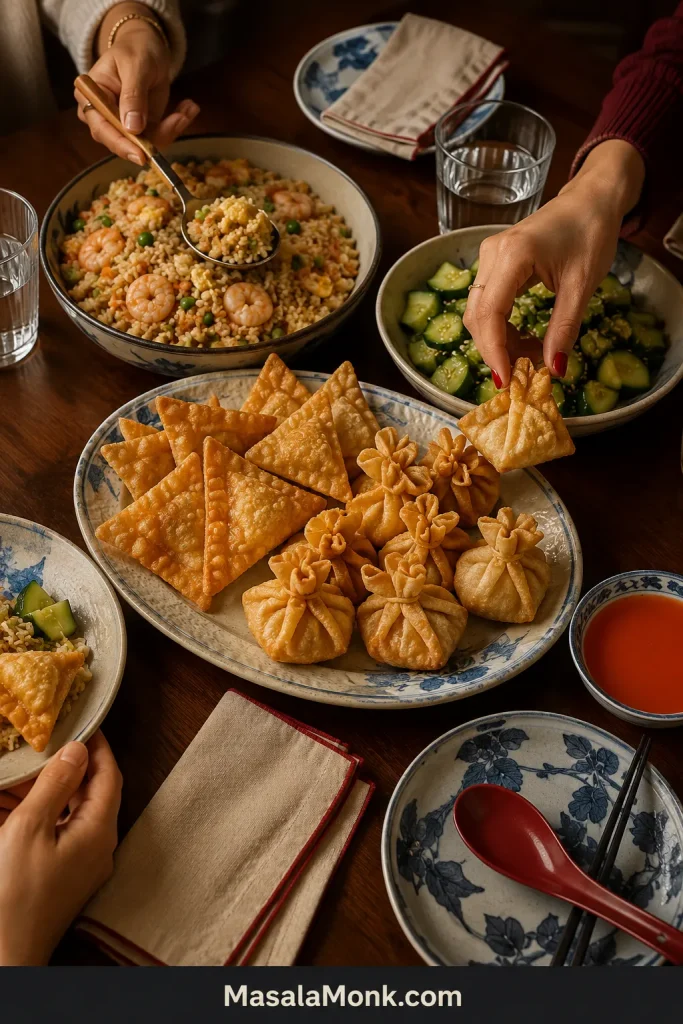 Shared dinner table with a central platter of crab rangoons, smooth red-orange sauce, shrimp fried rice, cucumber salad and several hands serving food.
