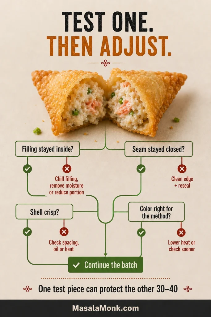 Decision tree centered on a split-open crab rangoon, checking whether the filling stayed inside, the seam stayed closed, the shell crisped and the color suits the cooking method.