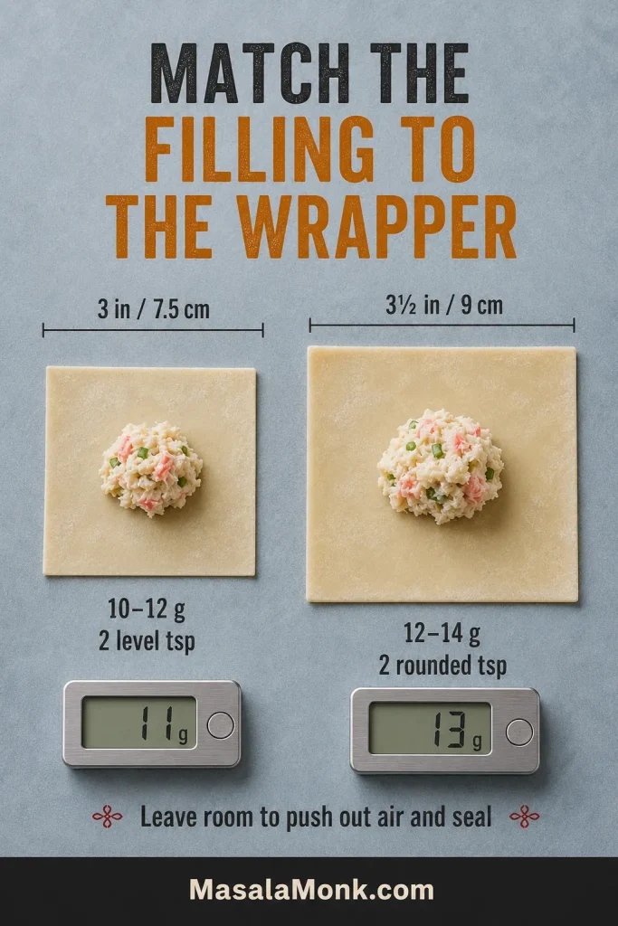 A 3-inch wonton wrapper holding 10 to 12 grams of filling beside a 3½-inch wrapper holding 12 to 14 grams, with size and weight labels.