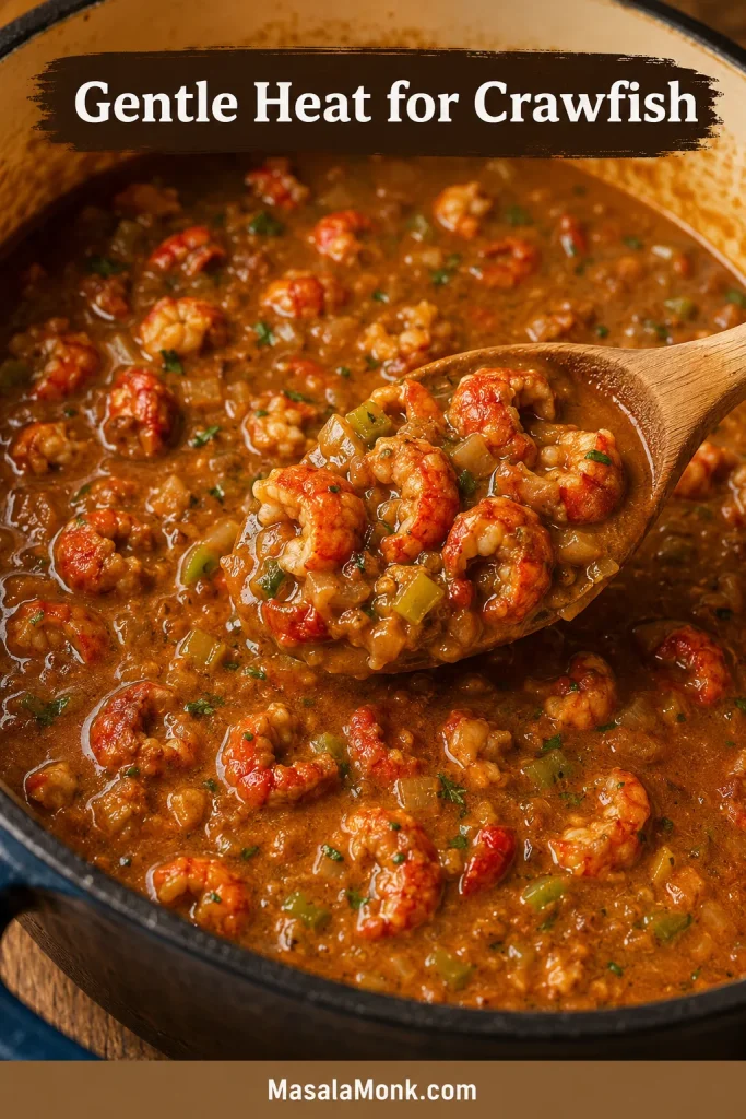 Crawfish tails warmed in Cajun étouffée sauce on a wooden spoon