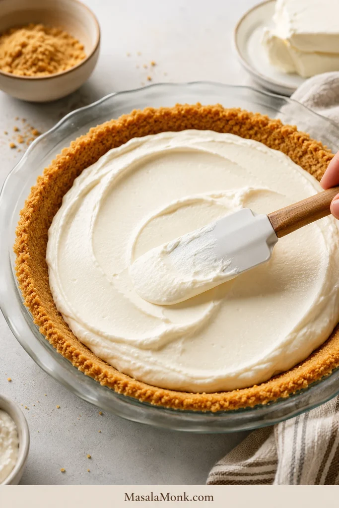 Cream cheese filling being spread into a graham cracker crust with a spatula.