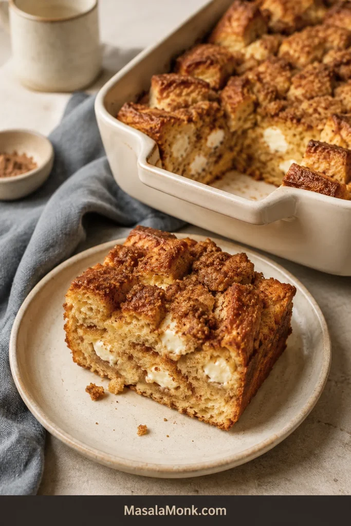 French toast casserole with small white cream-cheese pockets distributed between defined bread pieces beneath a golden topping.