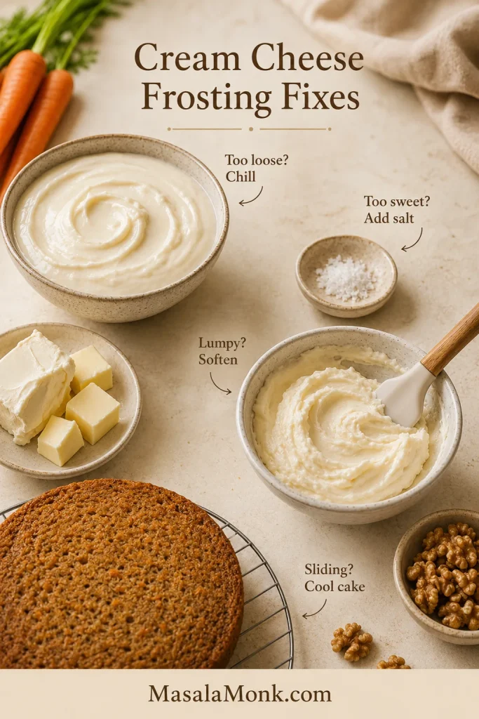 Cream cheese frosting fixes guide with bowls of frosting, cream cheese, butter, salt, and short notes for loose, sweet, lumpy, and sliding frosting.