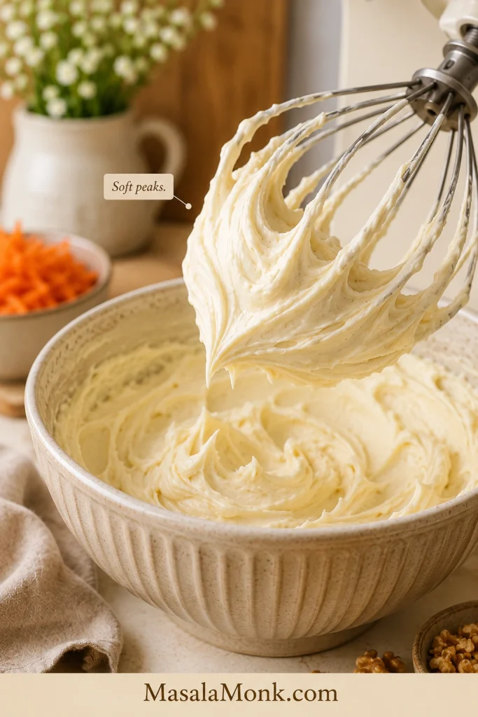 Cream cheese frosting holding soft peaks on a whisk attachment above a bowl of frosting.