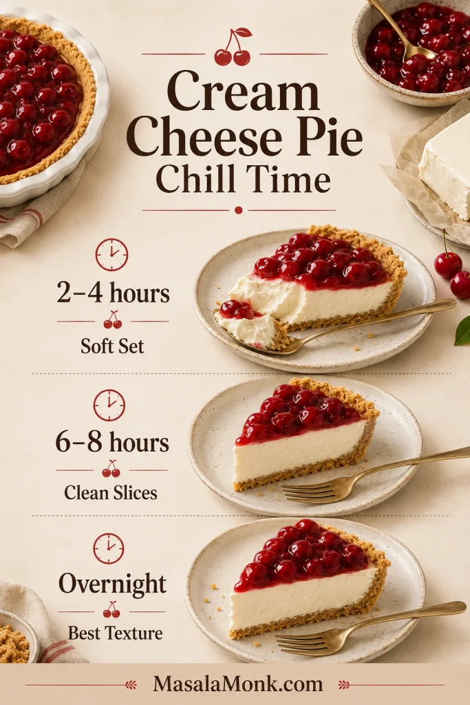 Cream cheese pie chill time guide showing soft set, clean slices, and overnight best texture stages.
