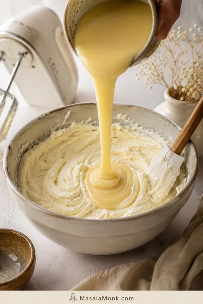 Sweetened condensed milk being poured into beaten cream cheese in a mixing bowl.