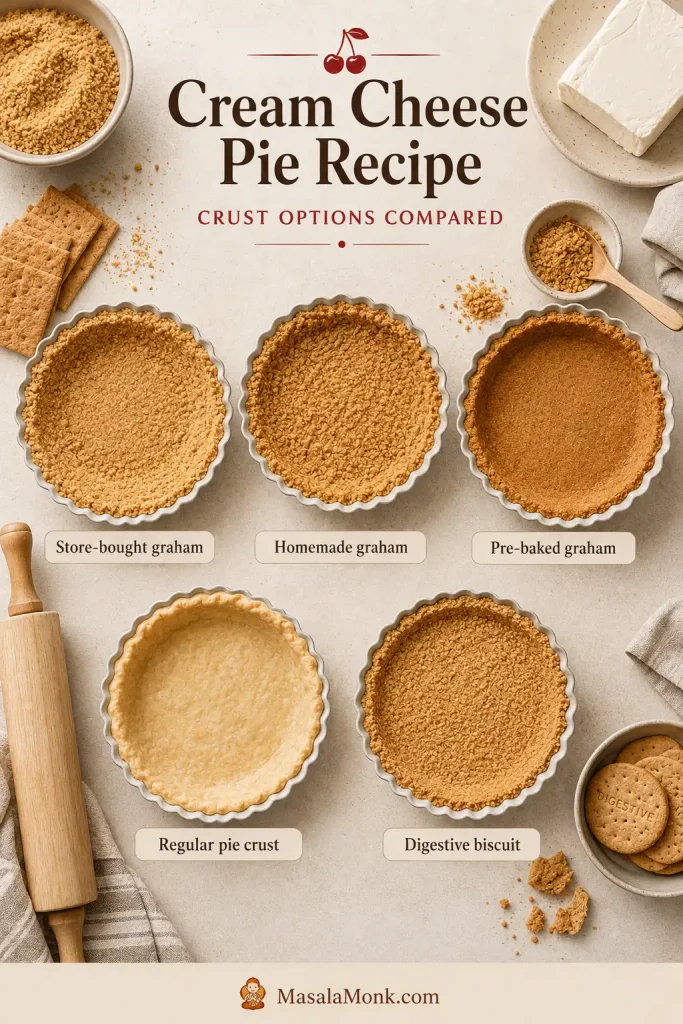 Overhead crust options board with store-bought graham, homemade graham, pre-baked graham, regular pie crust, and digestive biscuit crust.