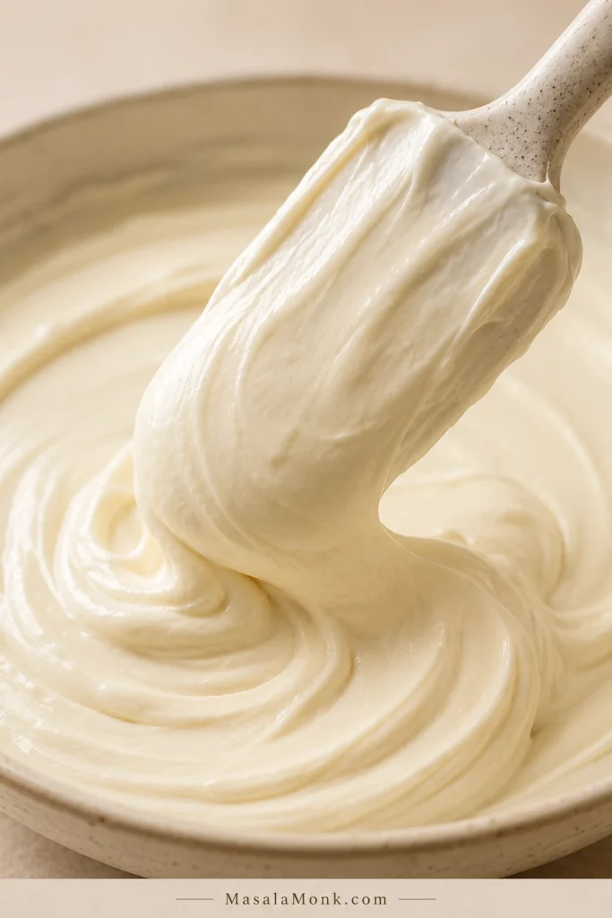 Spatula lifting smooth, glossy cream cheese pie filling from a bowl before chilling.