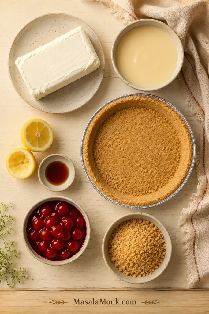 Overhead view of cream cheese pie ingredients, including cream cheese, condensed milk, lemon, vanilla, graham crust, and cherries.