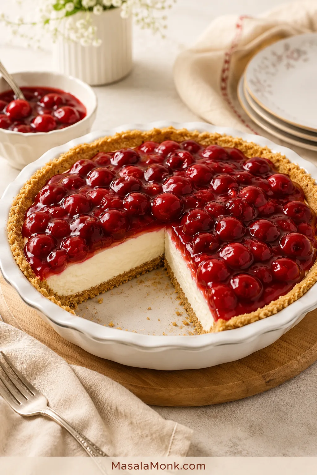 Whole cherry cream cheese pie in a pie dish with one slice removed, showing white filling and graham cracker crust.