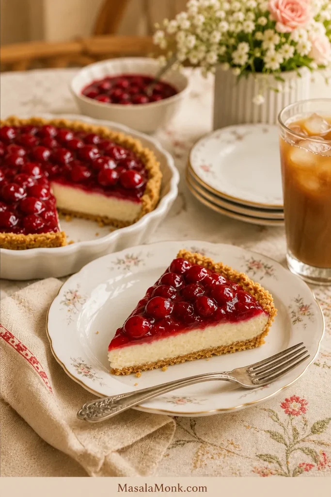 Slice of cherry cream cheese pie on a vintage plate with fork, iced tea, flowers, and the remaining pie in the background.