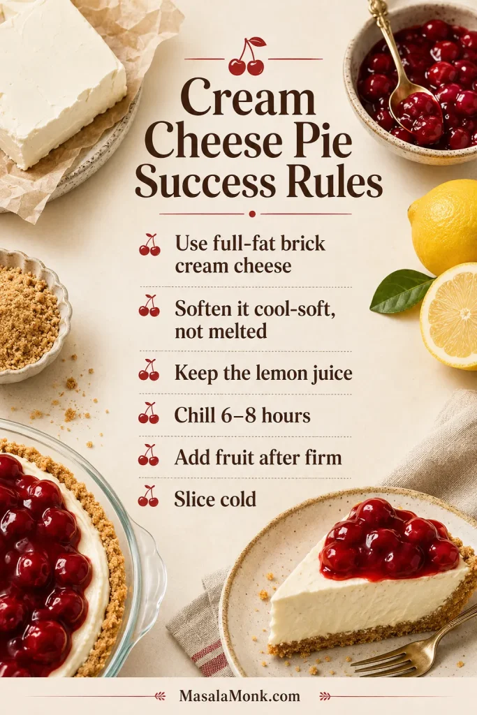 Infographic listing cream cheese pie success rules with cream cheese, lemon, graham crumbs, cherry topping, and pie details.