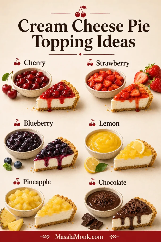 Topping ideas board for cream cheese pie with cherry, strawberry, blueberry, lemon, pineapple, and chocolate options.