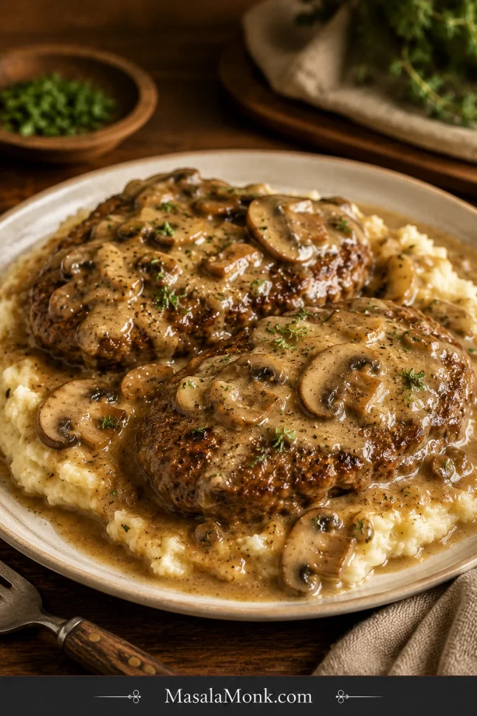 Cream of mushroom Salisbury steak with oval patties, creamy mushroom-brown gravy, and mashed potatoes on a cream plate.