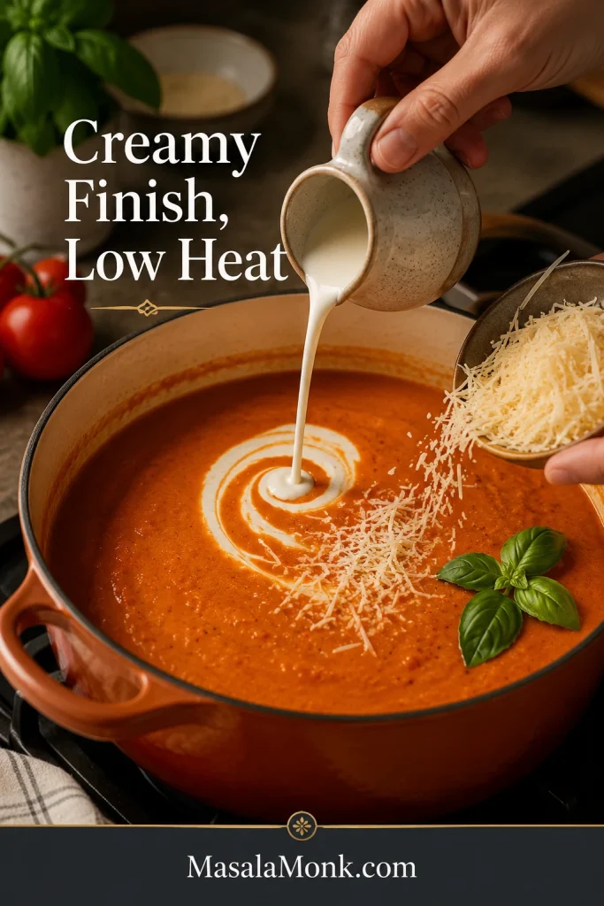 Cream and parmesan being added gently to tomato basil soup in a pot.