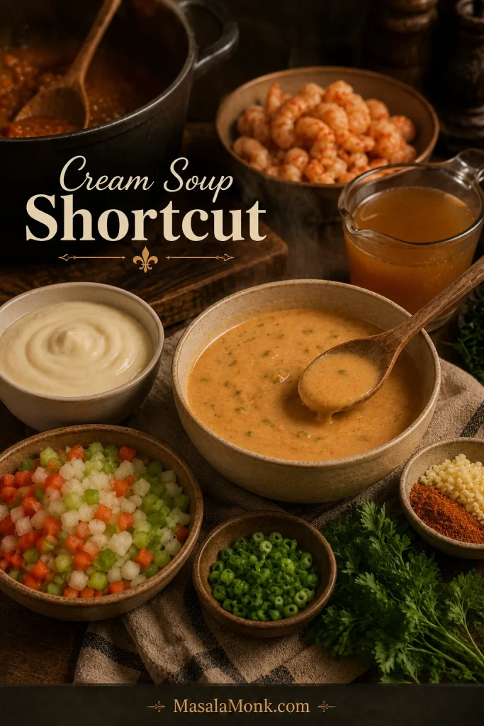 Cream soup shortcut setup for étouffée with stock, trinity, seafood, herbs, and creamy sauce