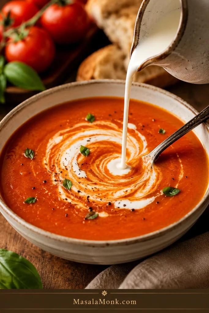 Cream being swirled into a bowl of tomato soup.