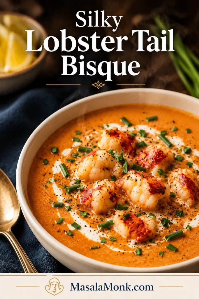 Close-up bowl of silky lobster bisque with lobster tail pieces, chives, cream swirl, and a spoon nearby.