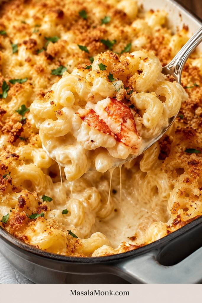 Serving spoon lifting creamy lobster mac and cheese with cavatappi pasta, golden crumbs, herbs, and lobster meat.