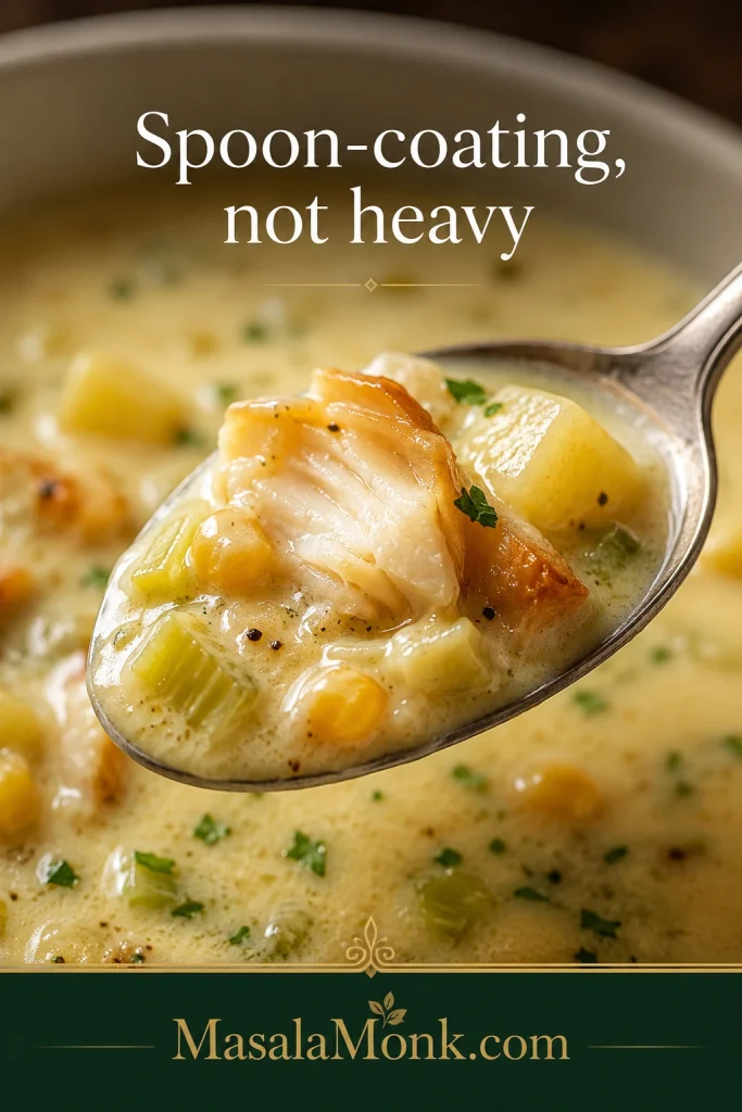 Spoon lifting smoked haddock chowder with creamy broth, fish flakes, potato, leek, herbs, and a few sweetcorn kernels.