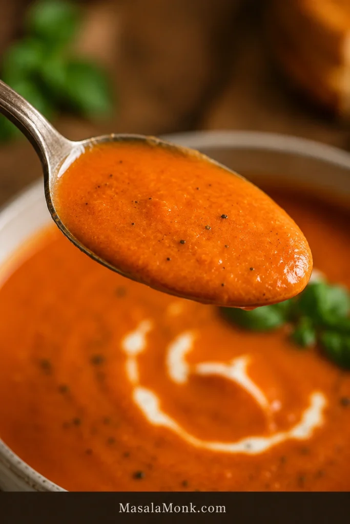Spoon coated with smooth creamy tomato bisque above a bowl.