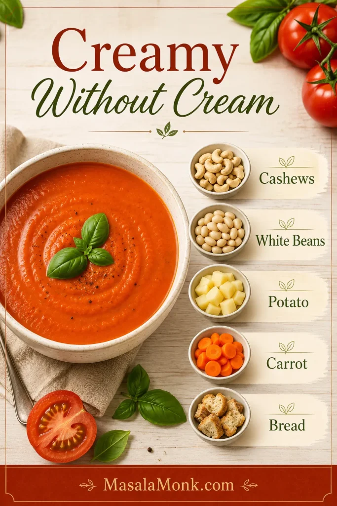 A guide showing cashews, white beans, potato, carrot, and bread as no-cream thickener options for tomato soup.