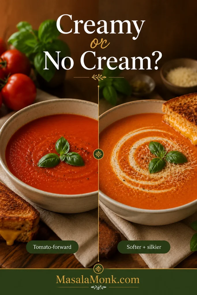 Side-by-side comparison of no-cream tomato basil soup and creamy tomato basil soup.