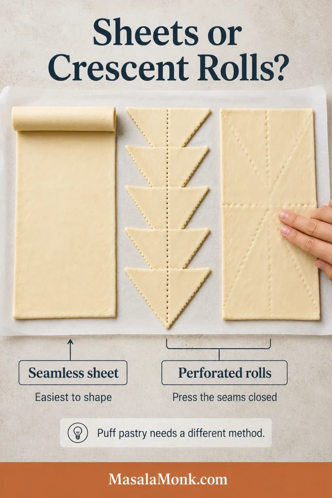 Overhead comparison of a seamless crescent dough sheet, separate perforated triangles and a rectangular sheet with the seams pressed closed.