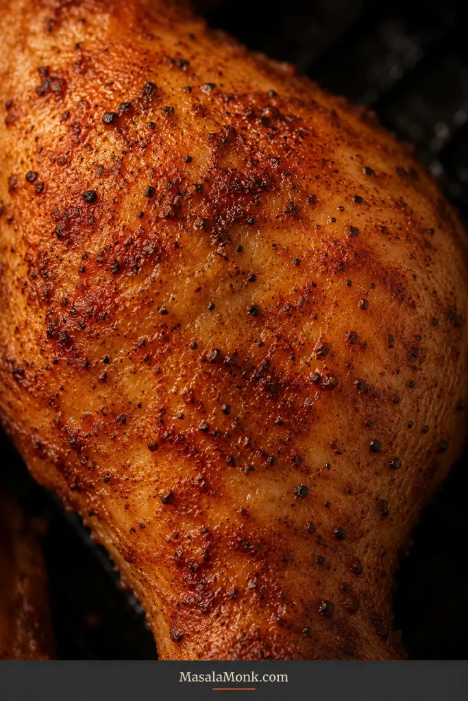 Extreme close-up of crisp cooked chicken drumstick skin with tiny blisters, toasted paprika, pepper flecks and browned edges.