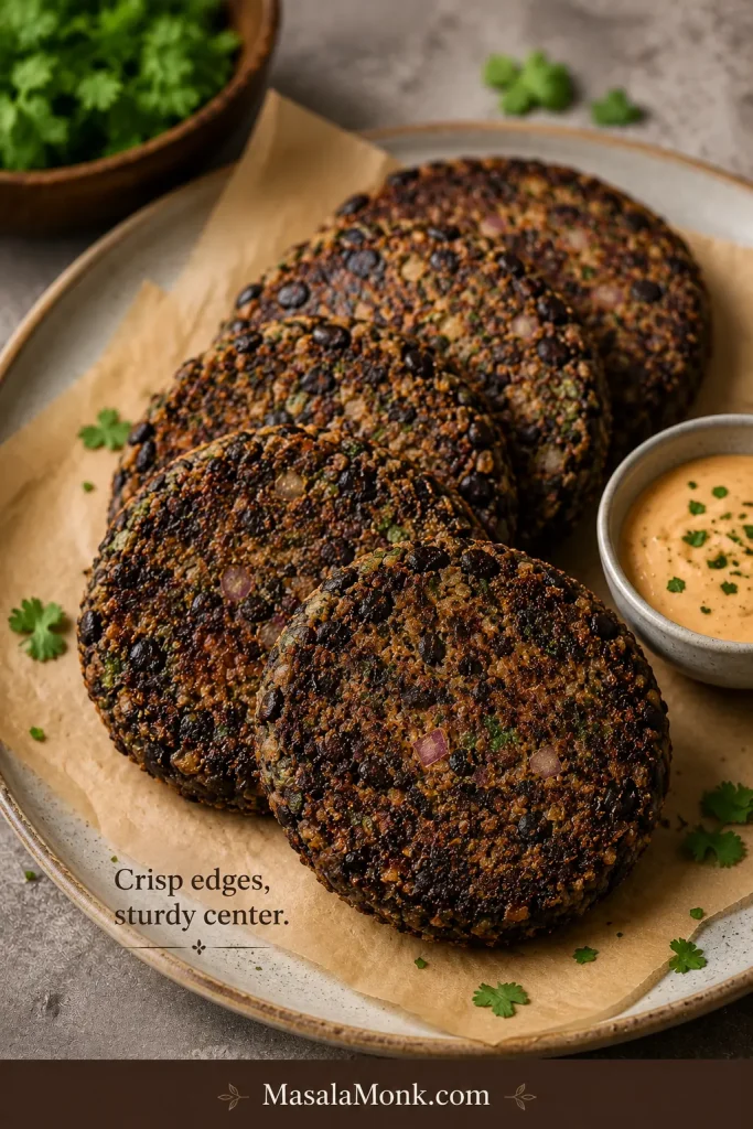 Stack or row of cooked black bean burger patties with browned edges, visible beans, herbs, and a small sauce bowl nearby.