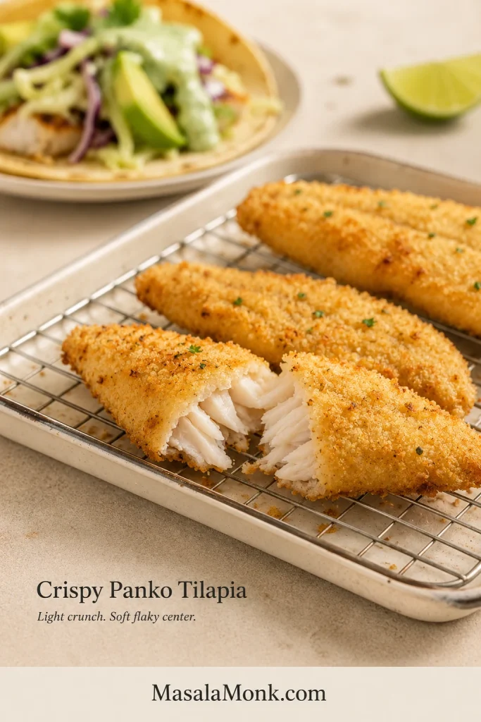 Thin golden panko-coated tilapia pieces on a wire rack, including one broken piece showing a delicate crust and moist white flakes inside.