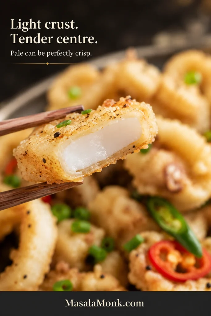 Close-up of fried squid with a thin crisp coating and an opaque tender centre.
