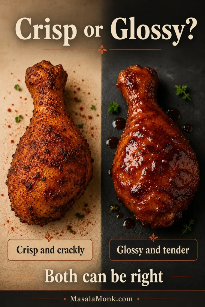Side-by-side image of a crisp dry-seasoned chicken drumstick and a glossy sauced chicken drumstick labeled as two successful finishes.